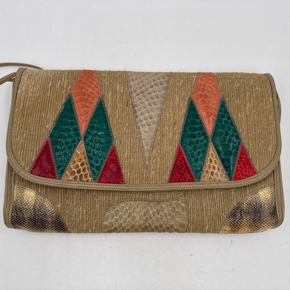 Palizzio Vintage Color Block Snake Skin Lizard Leather Handbag Clutch Purse